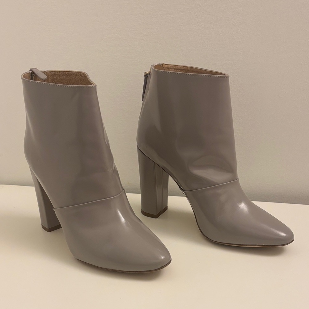 J. Crew Gray Heeled Boots - Adele Glossy Leather Ankle Boots - Orchid Smoke